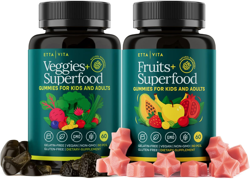 Fruits and Veggies Gummies with 9 Superfruits & 30 Veggies (120 Soft Chews) | Fruits and veggies supplement with vitamins & minerals, super greens gummies, non-GMO, pectin-based, gluten-free, USA