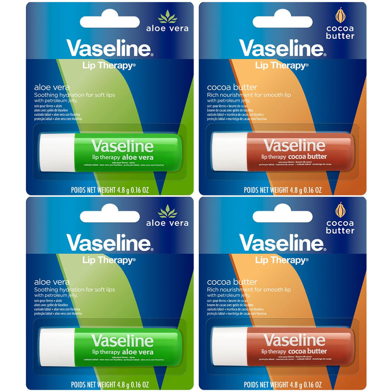 Vaseline Lip Therapy Variety 4-Pack – Cocoa Butter + Aloe Vera Moisturizing Lip Balm with Vitamin E, 0.16 Oz Ea Aloe Vera, Cocoa Butter 0.64 Ounce (4 Count, Pack of 1)
