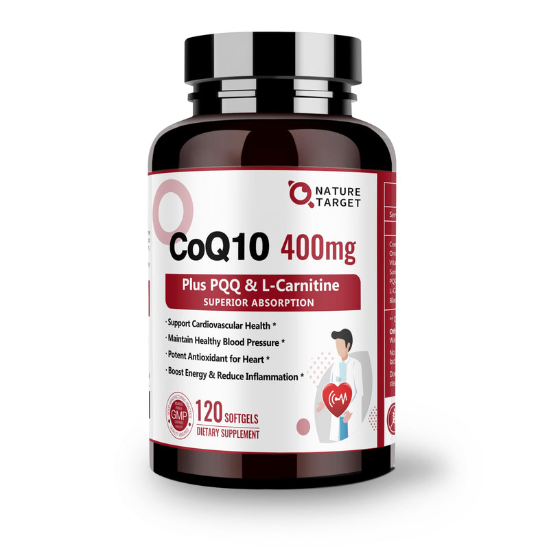 [Australia] - NATURE TARGET CoQ10-400mg with PQQ, Omega-3s & L-Carnitine, High Absorption Coenzyme-Q10 with BioPerine, Supports Heart, Brain, Immune System, Energy Production, 120 Servings 