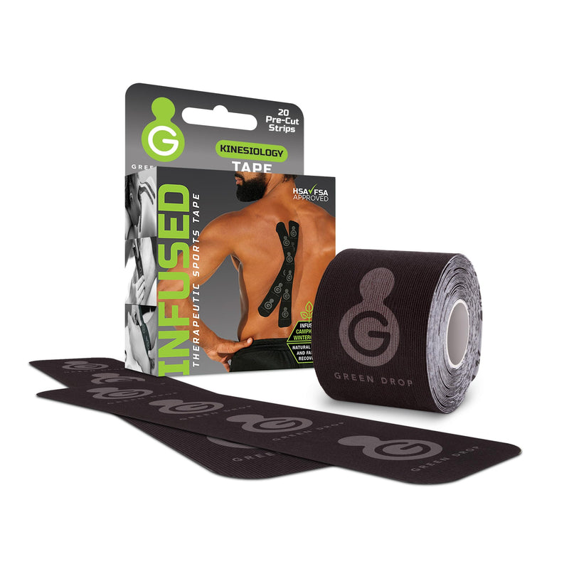Green Drop Kinesiology Tape – Breathable, Patented, Natural Relief-Herb-Infused Support, HSA/FSA Approved - 20 Precut Strips, 20 Count