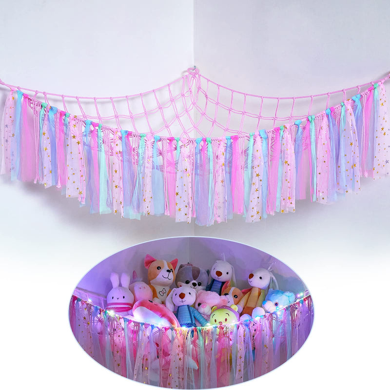 [Australia] - FIOBEE Stuffed Animals Net or Hammock with LED Light, Toy Hammock Hanging Stuffed Animals Storage Organizer Holder Room Décor for Nursery Kids Bedroom Pink 
