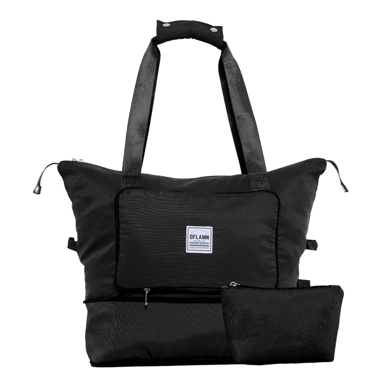 Oflamn Large Capacity Foldable Travel Carry On Duffel Tote Bag with Trolley Sleeve for Airplanes, Toiletry Bags for Women Men Black