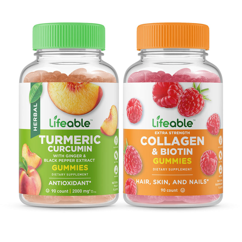 Lifeable Turmeric Curcumin + Collagen & Biotin, Gummies Bundle - Great Tasting, Vitamin Supplement, Gluten Free, GMO Free, Chewable Gummy