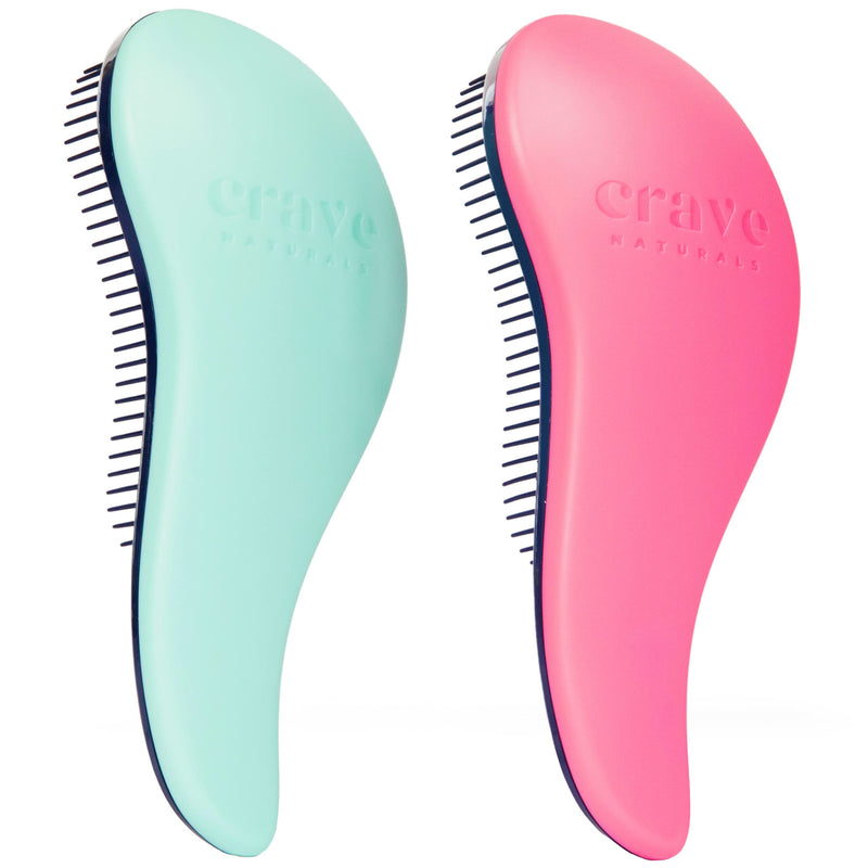Crave Naturals Glide Thru Detangler Brush Pack of 2 - Curly Hair Brush for Women and Kids - Wet and Dry Comb for Adults - Soft Flexible Bristles for Gentle Use - Turquoise and Pink 2 Pack (Regular) Turquoise & Pink