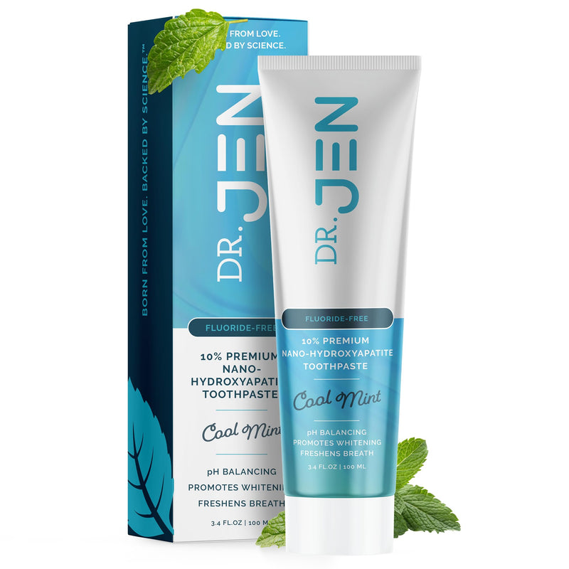 Dr. Jen Fluoride Free Toothpaste with 10% Premium Nano Hydroxyapatite | Infused with Xylitol and Glycerin, Remineralizing Daily Oral Care for Sensitive Teeth, Travel Essentials, Cool Mint, 1 Pack 3.4 Ounce (Pack of 1)