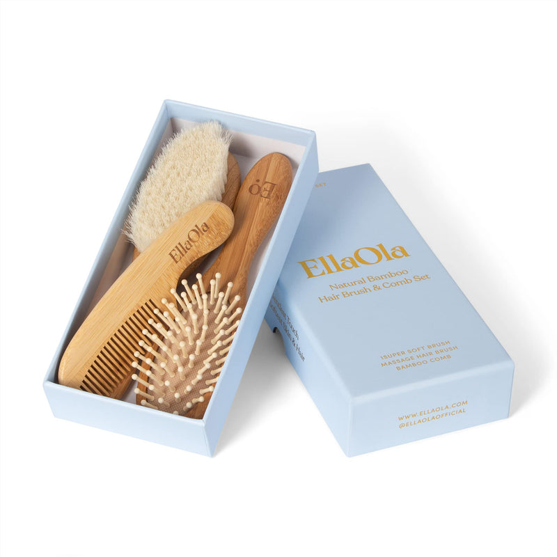 [Australia] - Natural Bamboo Hair Brush & Comb Set, 3 Piece - Cradle Cap Brush, Massage Hair Brush, Bamboo Comb for Toddlers, Newborns & Infants I Baby Registry Gift 
