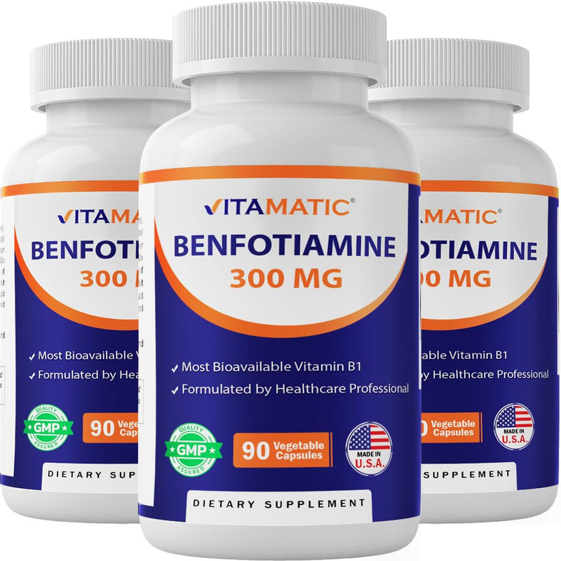 Vitamatic Benfotiamine 300 mg, 90 Vegetarian Capsules - 3 Pack | Fat Soluble Form of Vitamin B1, Supports Healthy Energy Metabolism and Nervous System*, Non-GMO, Gluten Free, Made in USA 3 Bottles