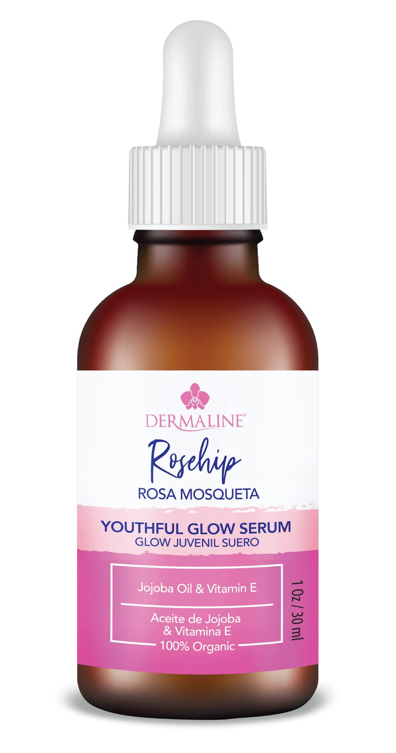 Dermaline Organic Rosa Mosqueta Rosehip Seed Oil Serum with Jojoba Oil & Vitamin E for Natural Glow