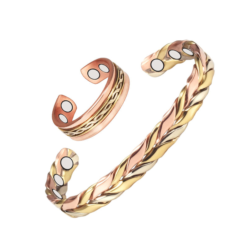 [Australia] - Copper Bracelet for Women & Copper Ring, Set Pure Copper Adjustable Braid Bracelet with Magnets, Mother's Day Jewelry Presents(1004 0169R) 