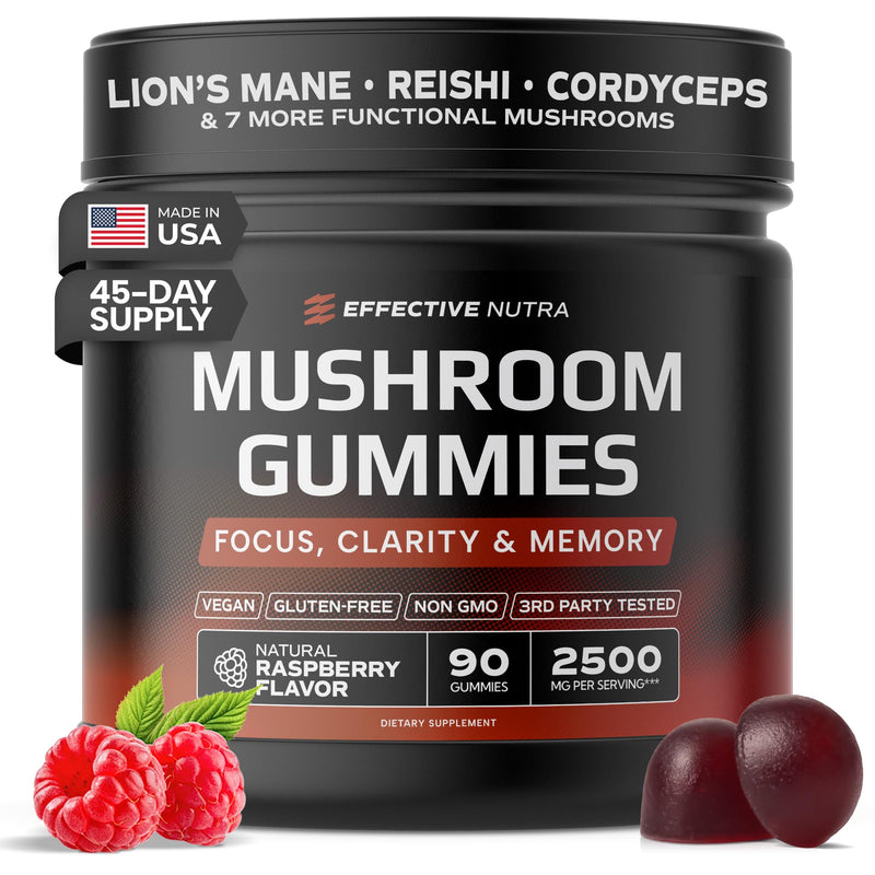 [Australia] - Mushroom Gummies - 10 Mushroom Blend 2500 mg - Lion's Mane, Reishi, Cordyceps - Focus, Clarity & Memory - Vegan, Gluten Free (90 Ct) 90 Count (Pack of 1) 