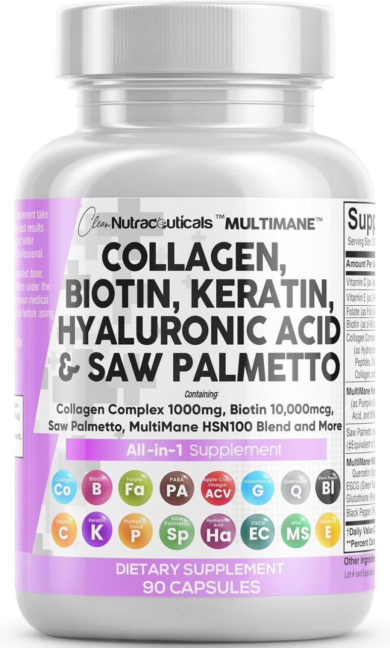Clean Nutraceuticals Collagen Pills 1000mg Biotin 10000mcg Keratin Saw Palmetto Hyaluronic Acid - Hair Skin & Nails Vitamins & DHT Blocker with Vitamin E Folic Acid Pumpkin Seed MSM - 90 Count 90 Count (Pack of 1)