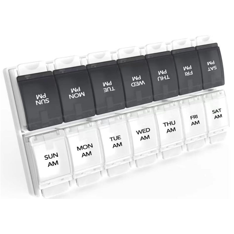 Sukuos AM PM Weekly 7 Day Pill Organizer, 2 Times A Day Pill Box with Arthritis Friendly Push Button, Medicine Cases for Vitamin/Fish Oil/Supplements, Easy to Clean (Black&White) Black & White (1 Pack)