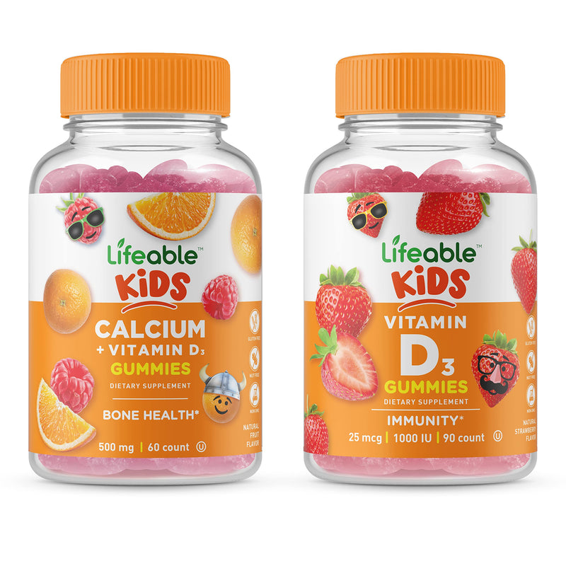 Lifeable Calcium with Vitamin D Kids + Vitamin D Kids, Gummies Bundle - Great Tasting, Vitamin Supplement, Gluten Free, GMO Free, Chewable Gummy