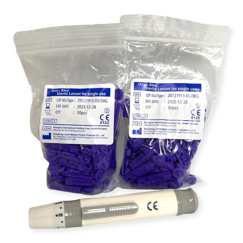 [Australia] - One Step Lancing Device & 100 x 30 Gauge Twist Top Lancets, Blood Sampling Pen, 5 Depth Settings, Diabetic Sugar Level Testing, Less Pain and Ejector 
