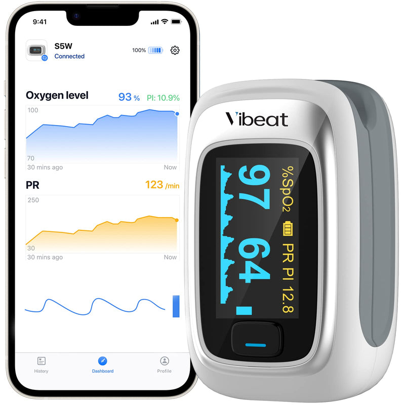 [Australia] - Vibeat Bluetooth Fingertip Pulse Oximeter with Pulse Rate, Blood Oxygen Saturation Monitor | Finger O2 Meter, Batteries and Lanyard Included, Free APP, FSA/HSA Eligible 