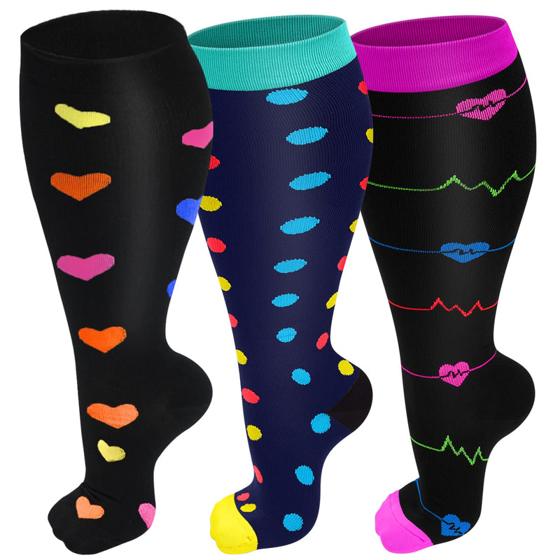 [Australia] - Refeel 3 Packs Plus Size Compression Socks Wide Calf For Women & Men - Large Size Knee High Support Stockings For Medical… 01- Black/Purple/Navy XX-Large 