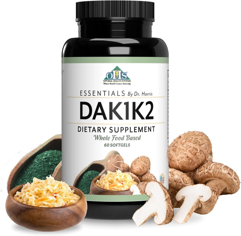 Optimal Health Systems Essential DAK1K2 Vitamins D3 A K1 K2, 60 Softgels | Vitamin D3 5000 IU, vitamins A, K1 and K2 with MK-7, immune, bone and heart support, whole food based, non-GMO, gluten-free 60 Count (Pack of 1)