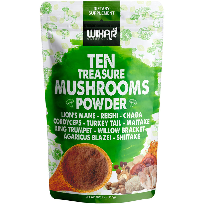 [Australia] - Wixar Mushroom Powder - Ten Treasure Mushrooms Extract Supplement Blend for Coffee & Smoothies - Lions Mane, Turkey Tail, Reishi, Chaga, Shiitake, Cordyceps, Complex - 4oz Mushroom Supplement 