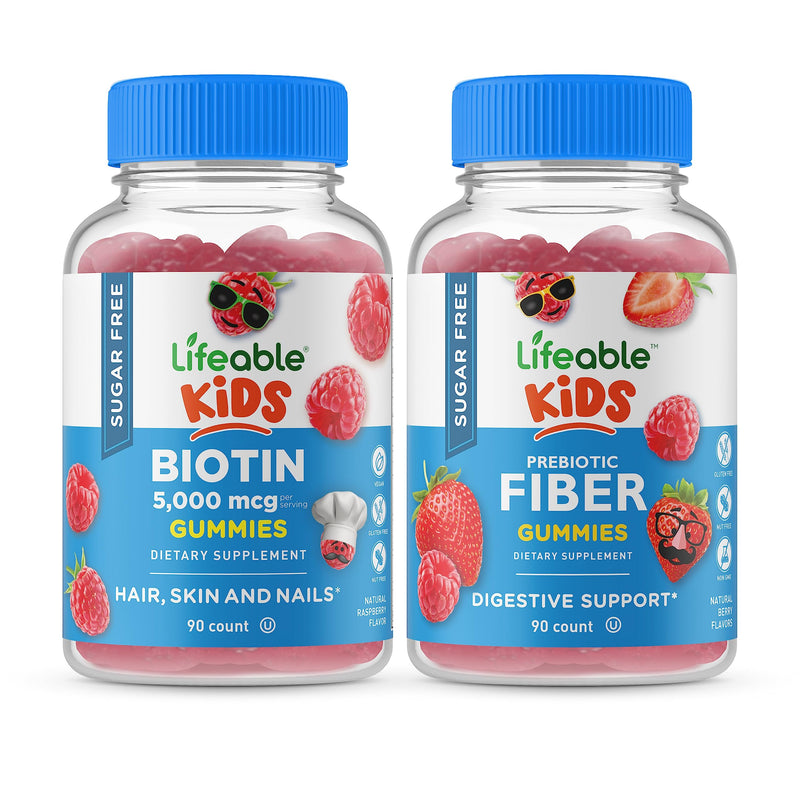 Lifeable Sugar Free Biotin Kids + Preciotic Fiber Kids, Gummies Bundle - Great Tasting, Vitamin Supplement, Gluten Free, GMO Free, Chewable Gummy