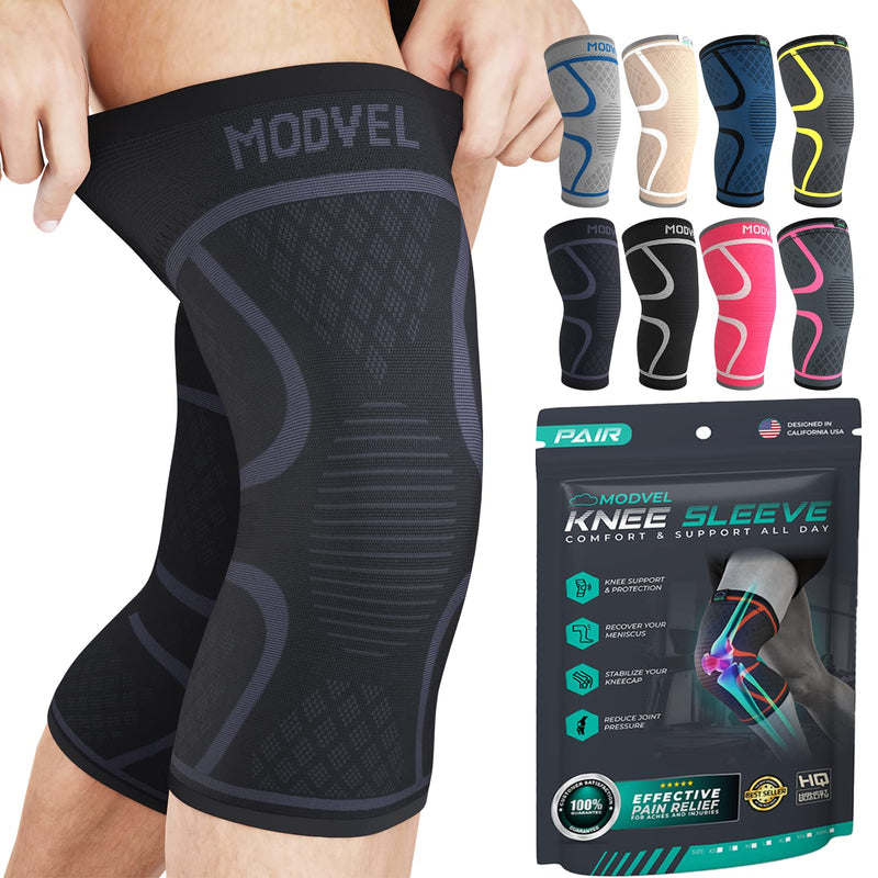 [Australia] - Modvel ELITE Knee Brace for Women & Men - 2 Pack Knee Braces for Running Knee Pain, Compression Sleeve Knee Support, Workout Sports Brace for Meniscus Tear ACL & Arthritis Pain Relief, Knee Pads Medium Black/Grey - Best Seller 