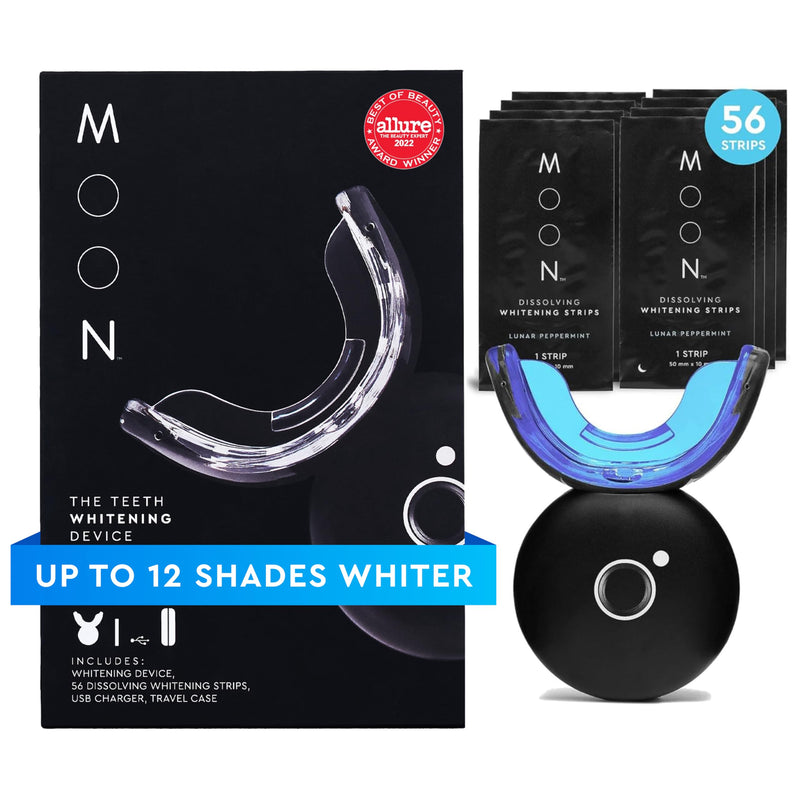 [Australia] - MOON Teeth Whitening Kit, LED Light Teeth Whitener Device, 56 White Strips, USB Charger & Travel Case, Blue Light Whitening Tray Removes Stains & Whitens Up to 12 Shades in 2 Weeks (4 Piece Kit) 