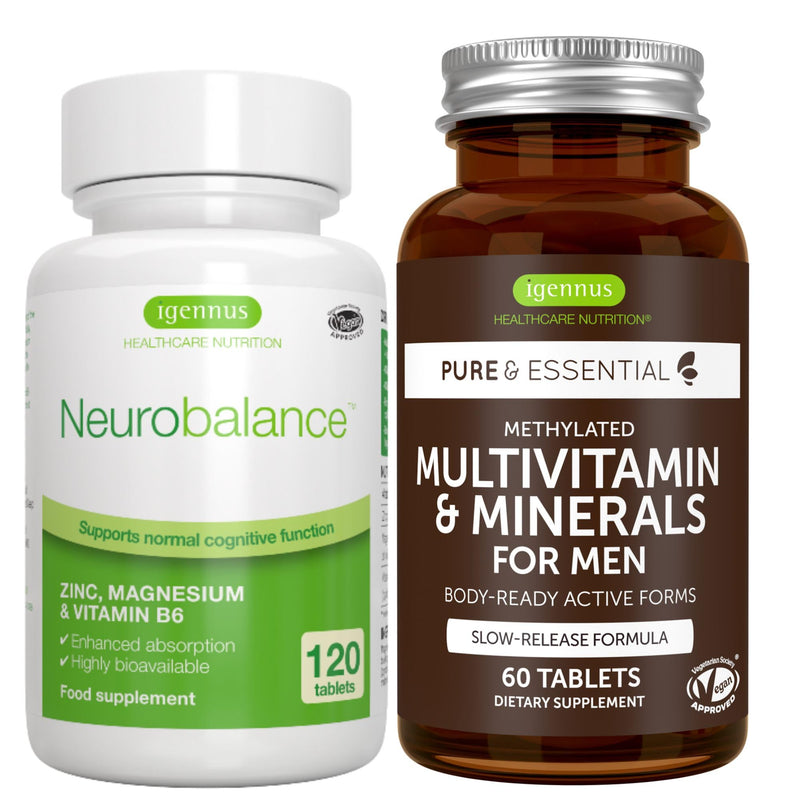 Neurobalance + Multivitamin & Minerals for Men Vegan Bundle, High Absorption Zinc, Magnesium & B6 Supplement + Sustained Release Multivitamin by Igennus
