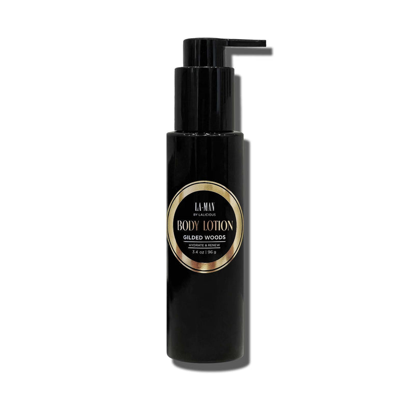 LALICIOUS LA-MAN Body Lotion, Gilded Woods Scent - Mens Body Lotion with Shea Butter, Aloe Vera, Vitamin E & Omega Fatty Acids for Long Lasting Hydration - Non-Greasy (3.4oz)