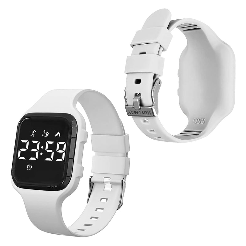 [Australia] - Kids Fitness Pedometer Watch without App/Bluetooth,LED Sports Watch with Timer Calories/Distance/Step Counter,2 Alarm Clocks,21 Days Battery Life Rechargeable Digital Watch for Boy Girl Kids White 