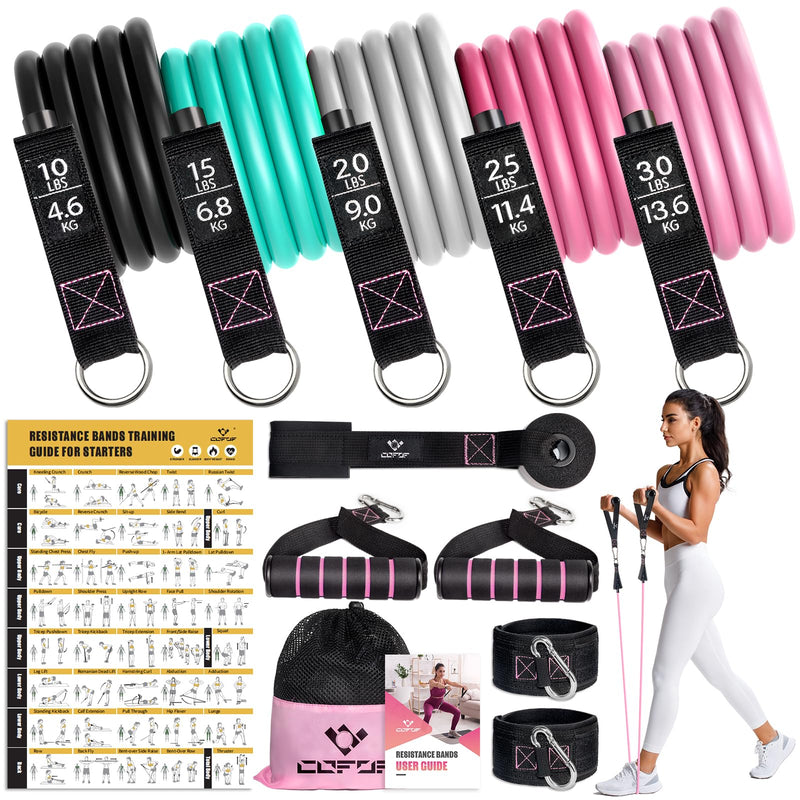 [Australia] - Resistance Bands with Handles for Women, 5 Level Exercise Bands Workout Bands for Physical Therapy, Yoga, Pilates, Door Anchor, Storage Pouch 10-100 LBS Colour 