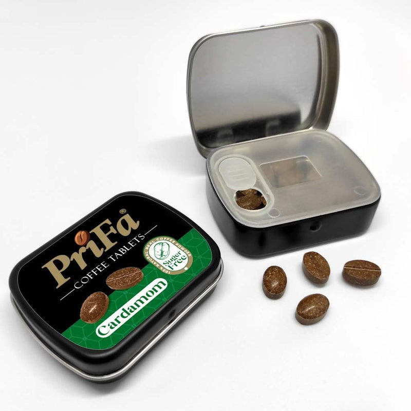 [Australia] - Prifa Cardamom Coffee Tablets- Pocket Coffee, Coffee Candy- Instant solution for Coffee Cravings, No Water Needed- Unsweetened- Keto- Vegetarian- 25 Coffee Bean-Shaped Tablets in Pocket-Sized Tin 