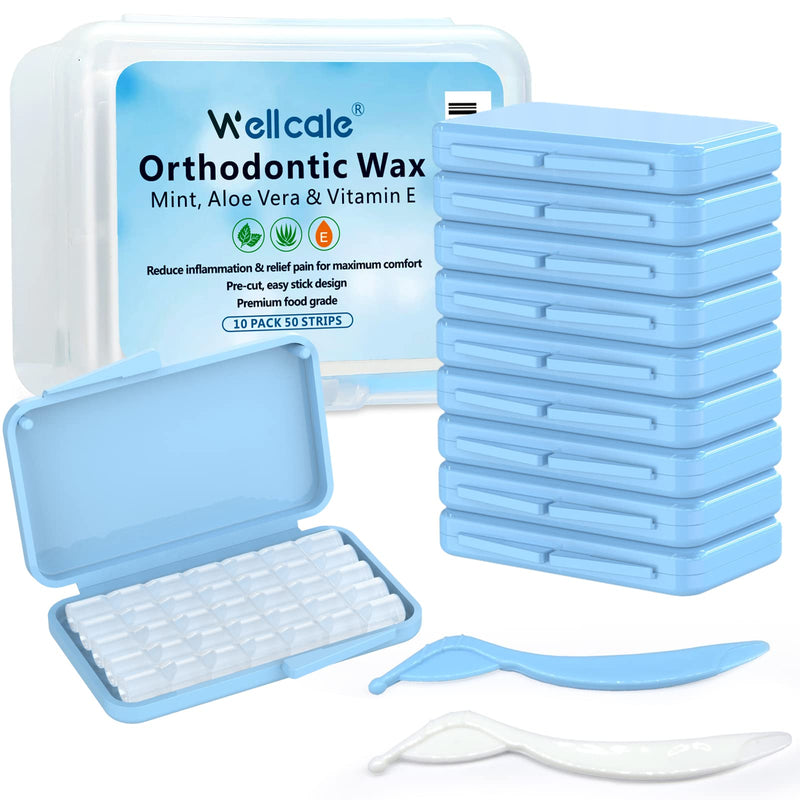 [Australia] - Braces Wax, 10 Pack 50 Precut Wax Strips 350+ Dots, Blue Cases. Includes Storage Box & 2 Applicator Tools, Food-Grade Premium Dental Wax for Braces & Aligners- Stick Better (Mint+Aloe Vera +Vitamin E) 