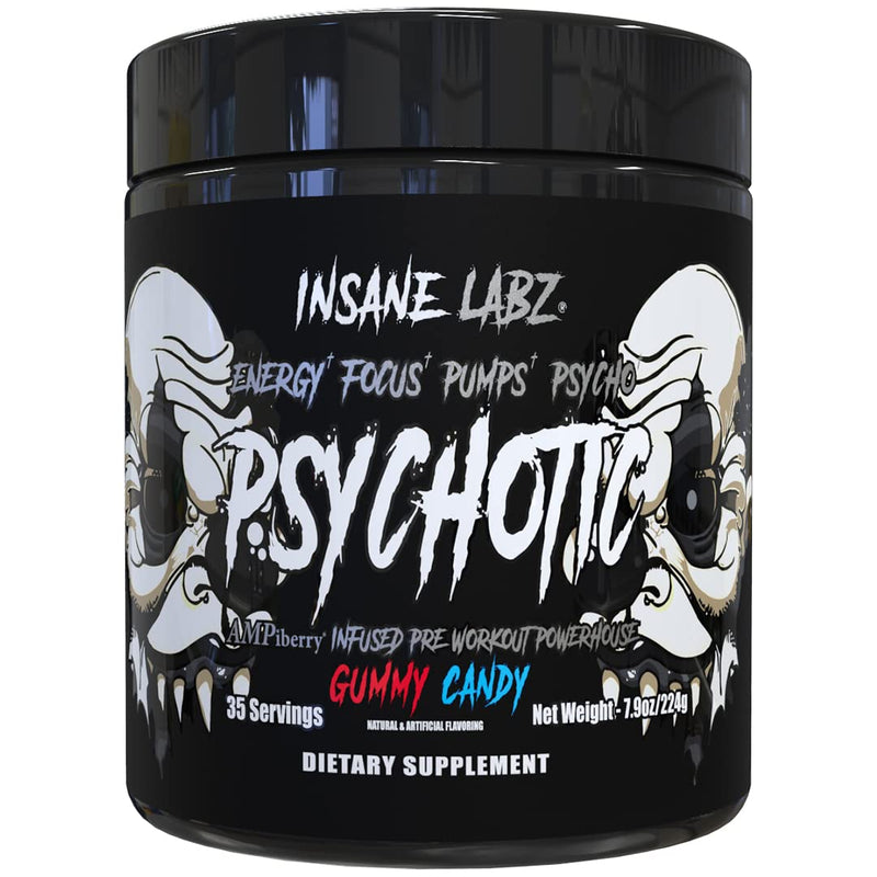 [Australia] - Insane Labz Psychotic Black Edition Mid Stimulant Pre Workout Powder, Energy Focus Pumps, Loaded with Creatine Beta Alanine Taurine Fueled by AMPiberry, 35 Servings (Gummy Candy) Gummy Candy 7.9 Ounce (Pack of 1) 