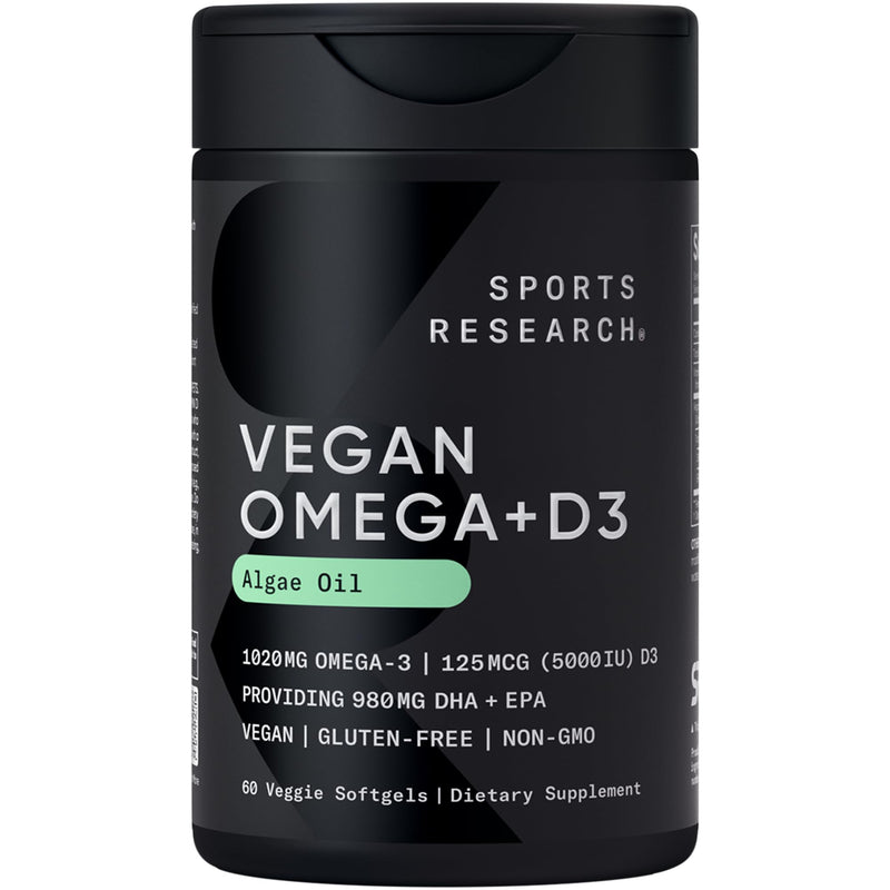 Sports Research® Vegan Omega-3 Algae Oil 1400mg w/Vegan D3 5000iu, 60 Count | 2-in-1 Fish Oil Alternative with Plant-Based Vitamin D