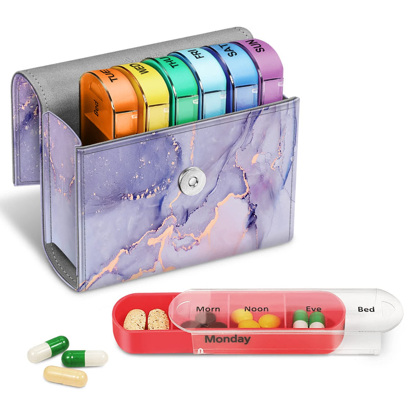 FINPAC Weekly Pill Organizers 4 Times A Day, Slide Open PU Leather Case | Travel Pill Vitamin Medicine Reminder and Planner with Name Card for Morning Afternoon Evening Bedtime, Lilac Marble