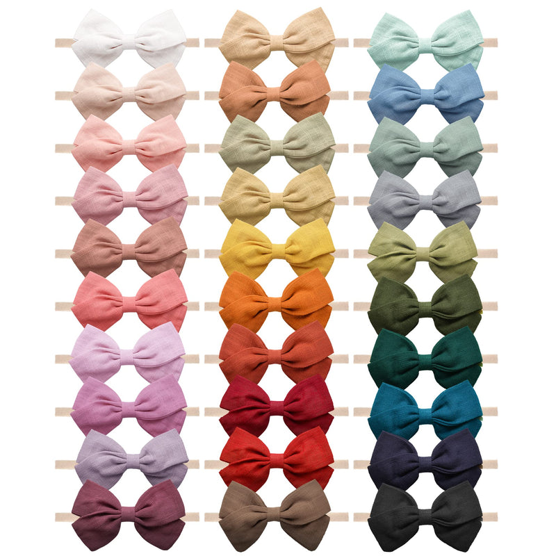 [Australia] - 30 Pcs Baby Headbands Girls Hair Bows Nylon Hairbands with Linen Bows Handmade Head Accessories for Infant Newborn Toddlers Kids 