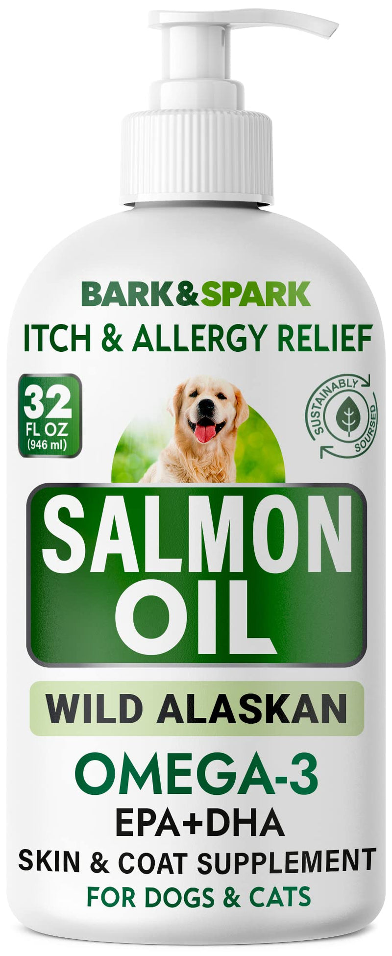 BARK&SPARK Salmon Oil for Dogs & Cats - Natural Omega-3 Fish Oil for Dogs - Skin & Coat Support - Liquid Food Supplement for Pets - EPA+DHA Fatty Acids for Joint Function, Immune & Heart Health 32oz - PawsPlanet Australia