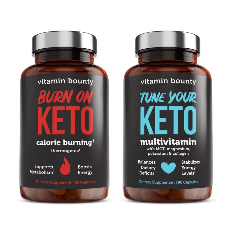 Vitamin Bounty Tune Your Keto and Burn on Keto Bundle - Keto Multivitamin, Calorie Burning for Women and Men, Premium Raspberry Ketones, Energy Support - Bundle 60 Capsule Each