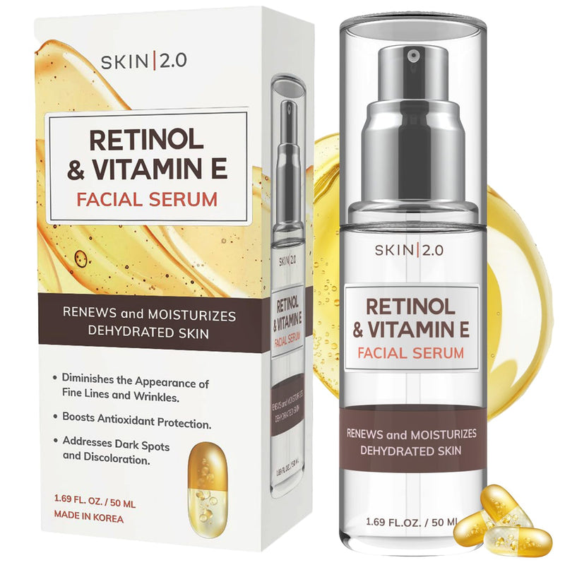 Skin 2.0 Retinol & Vitamin E Face Serum - 1.69 Fl. oz, Cruelty-Free, Reduces Acne Scars, Wrinkles, Anti-Aging, Skin Renewal, Hydrating, Korean Beauty Retinol and Vitamin E