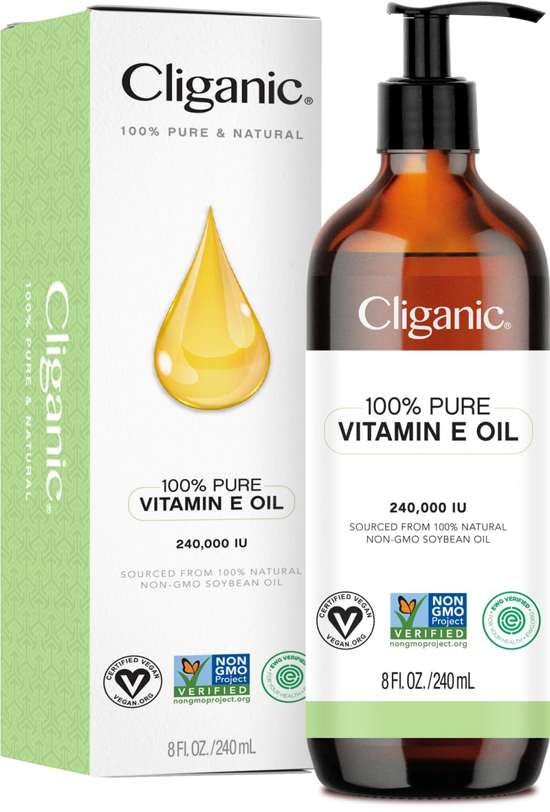 Cliganic Pure Vitamin E Oil for Skin, Scars, Hair & Face 240,000 IU (8oz), Non-GMO Verified | Natural D-Alpha Tocopherol 8 Fl Oz (Pack of 1)