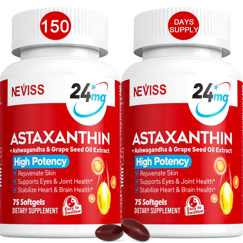 [Australia] - Astaxanthin Supplements 24mg, 5 Month Supply - Coconut MCT Oil, Fresh Microalgae Source w/Grape Seed Oil, Ashwagandha - Antioxidants for Healthy Skin, Eyes, Joints, Non-GMO & Gluten Free, 150 Softgels 75 Count (Pack of 2) 