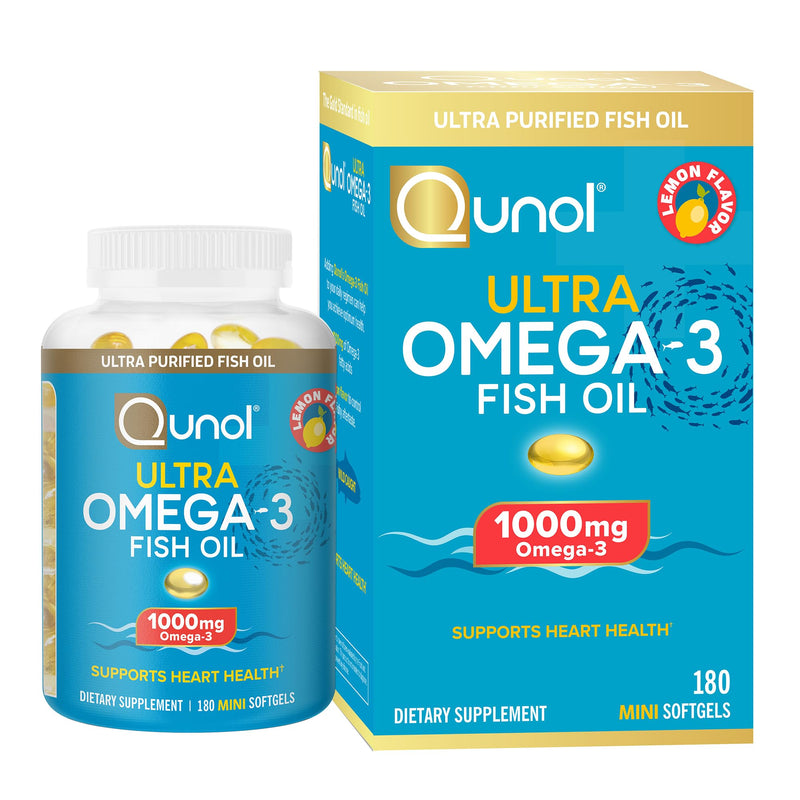 [Australia] - Qunol Fish Oil Omega 3 Mini Softgels, 1000mg Omega 3 EPA + DHA, Ultra Pure Supplements, Heart Health Support, Lemon Flavor, Easy to Swallow Minis, 3 Month Supply, 180 Count 180 Count (Pack of 1) 