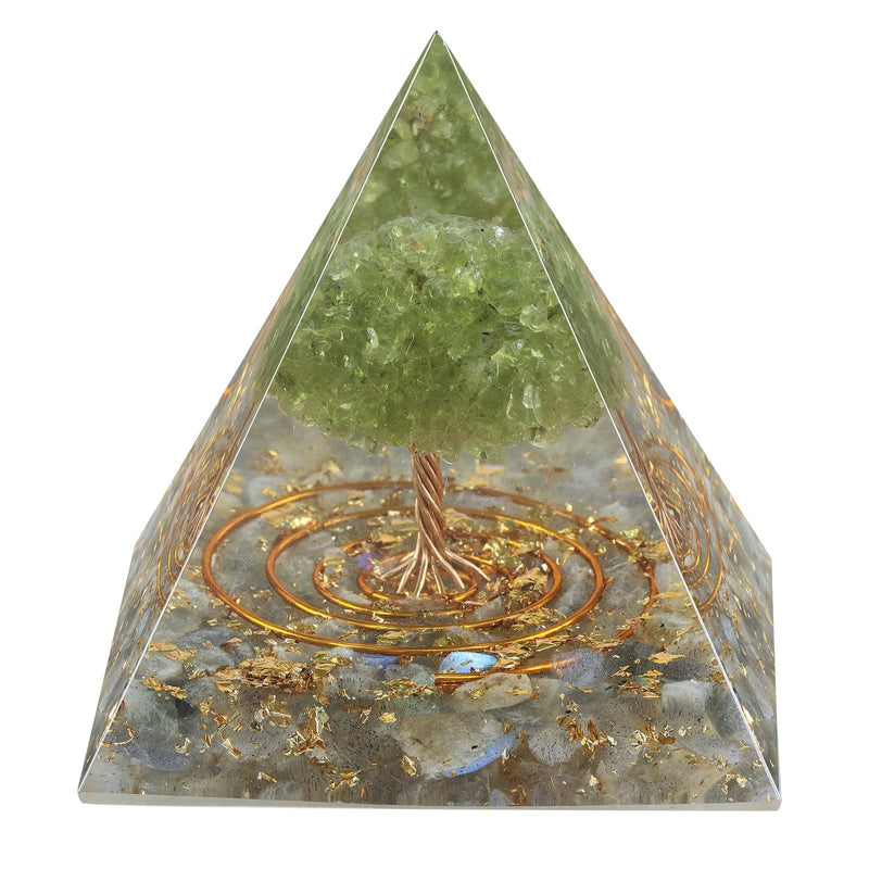 Peridot Crystal Stones Tree of Life Orgone Pyramid Positive Energy Protection Generator for Healing Chakra Resin Vastu Home Decor, Labradorite Gray