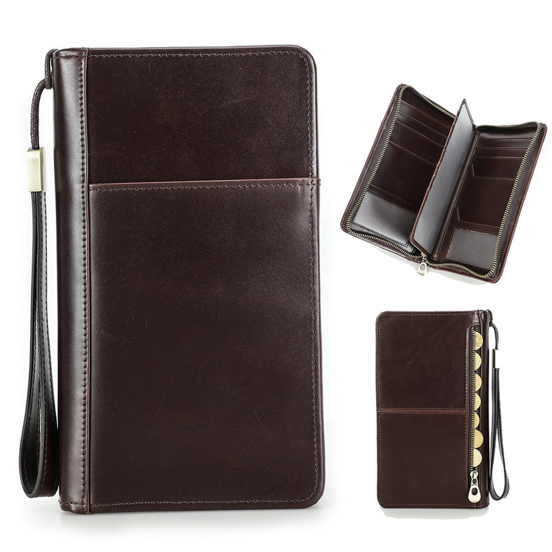CONTACTS Travel Passport Wallet for 4 Leather Family Passport Holder Clutch Wallet Zipper Wrist Card Purse RFID Blocking with 13 Card Slot Fit up 4 Passports Glossy Coffee