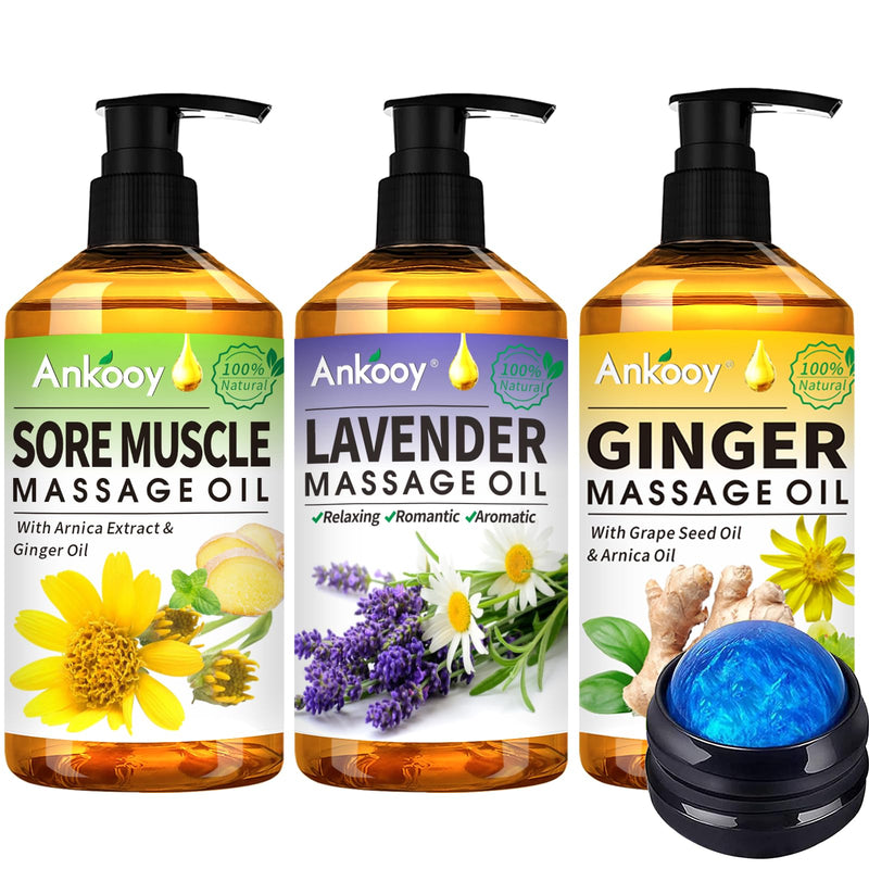 [Australia] - 3 Pack Massage Oil for Massage Therapy,Sore Muscle Oil Arnica Oil & Lavender Oil Massage Oil for Date Night & Ginger Oil for Lymphatic Drainage-Relaxing Massage Gifts Kit with Roller Massage Ball 