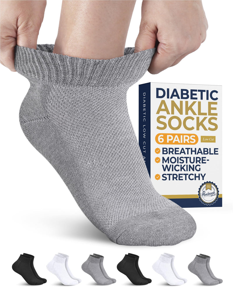 [Australia] - Pembrook Ankle Diabetic Socks for Women and Men - 6 Pairs | Low Cut Neuropathy Socks for Women | Smooth Toe Seams Large 2 White / 2 Gray / 2 Black - 6 Pairs 