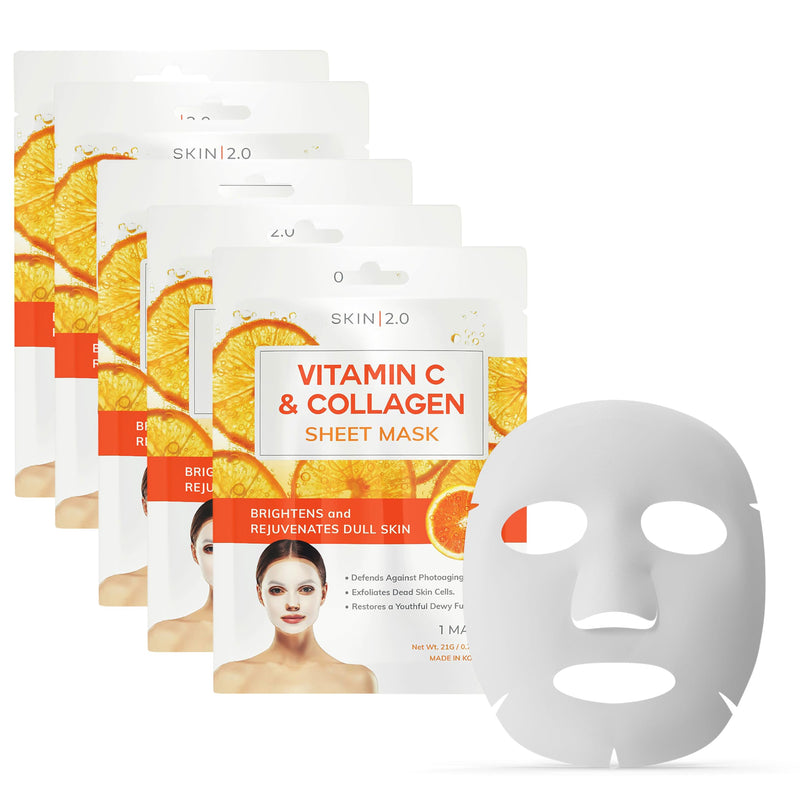 Skin 2.0 Vitamin C & Collagen Sheet Mask - Anti-Aging, Wrinkle & Age Spot Reducer, Hydrating & Moisturizing - Dermatologist Tested Korean Skincare, Clean Beauty, Cruelty-Free, All Skin Types - 5 Masks Vitamin C and Collagen