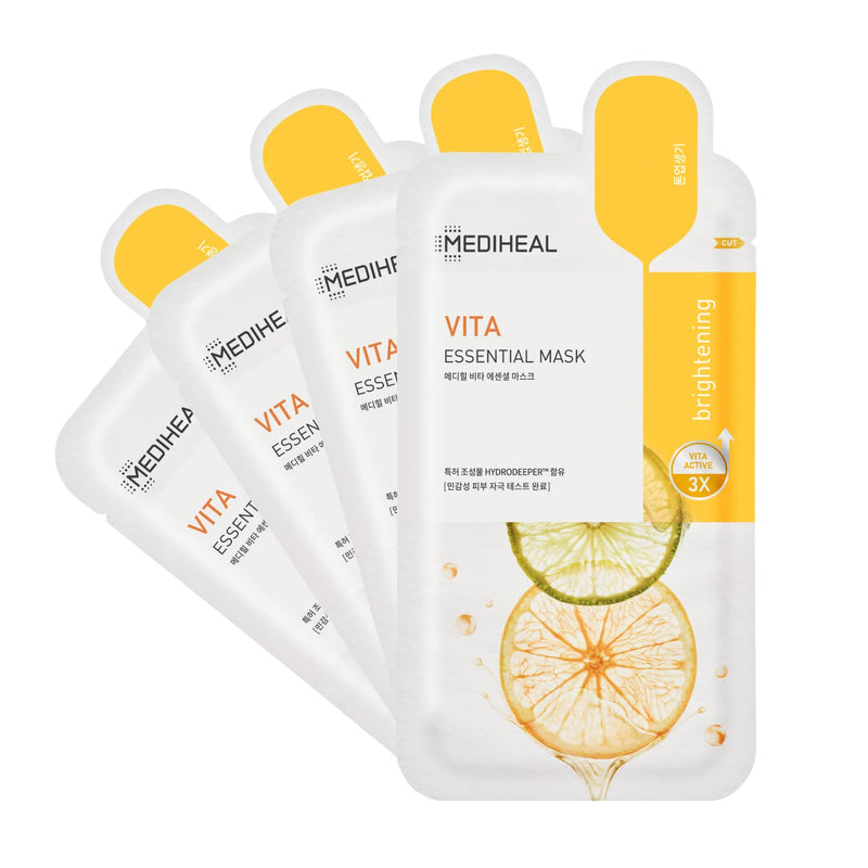Mediheal Best Korean Sheet Mask - Vita Essential Face Mask 4 Sheets Vitamin Mask For All skin types Smoothing Tightening Toning up Brightening 4 Count (Pack of 1)