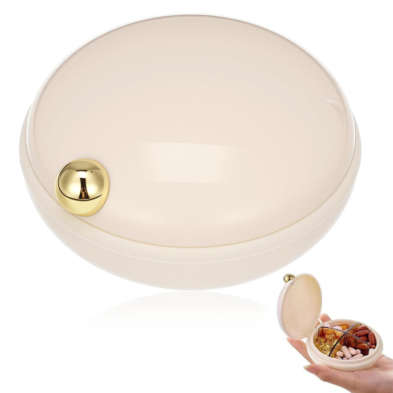 iplusmile Cute Pill Case with 4 Compartments for Purse and Travel (Beige) | Removable Divider Fits Tablets, Softgels, Vitamins & Fish Oil, ABS Case with Silicone Ring for Work, Commutes & Trips Beige