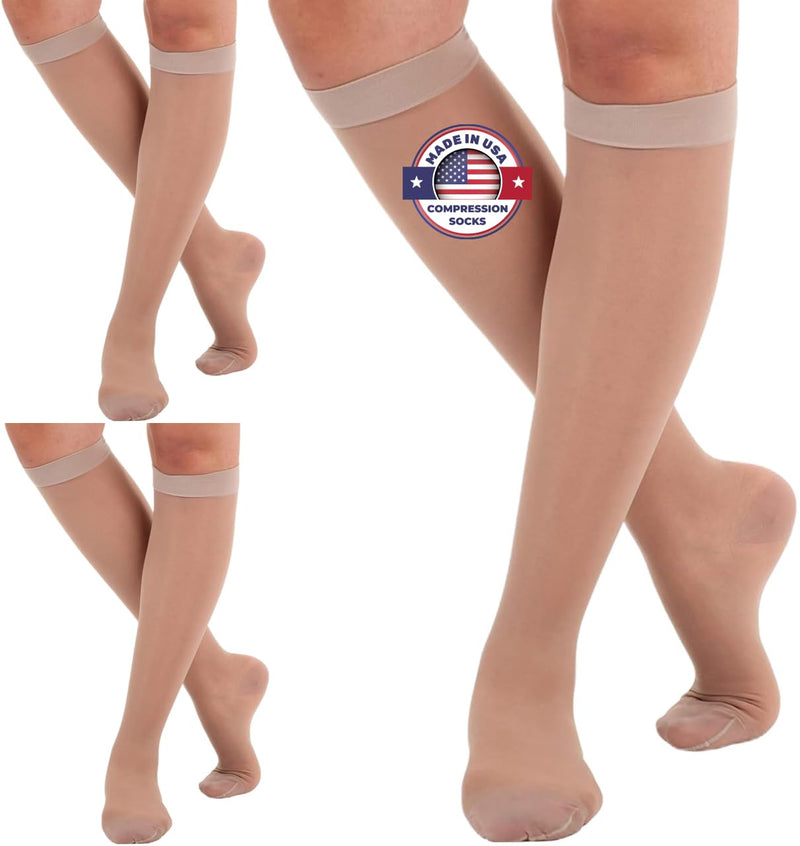 [Australia] - (3 Pairs - Closed Toe) Made in USA - Sheer Compression Socks for Women 15-20mmHg - Compression Stockings for Varicose Veins Circulation, Thrombosis, Embolism - Nude, Medium - A101NU2-3 