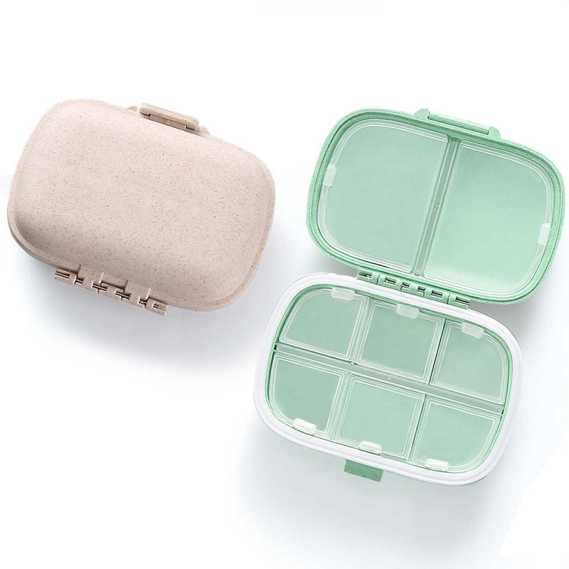 [Australia] - MEACOLIA 2 Pack 8 Compartments Travel Pill Organizer Box Moisture Proof Small Pill Case for Pocket Purse Daily Pill Holder Container for Medicine Vitamin (Cyan & Khaki) Cyan & Khaki 